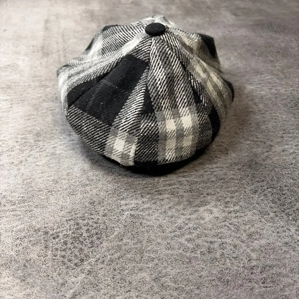 Plaid B&W Ribbed Button Newsboy Cap
